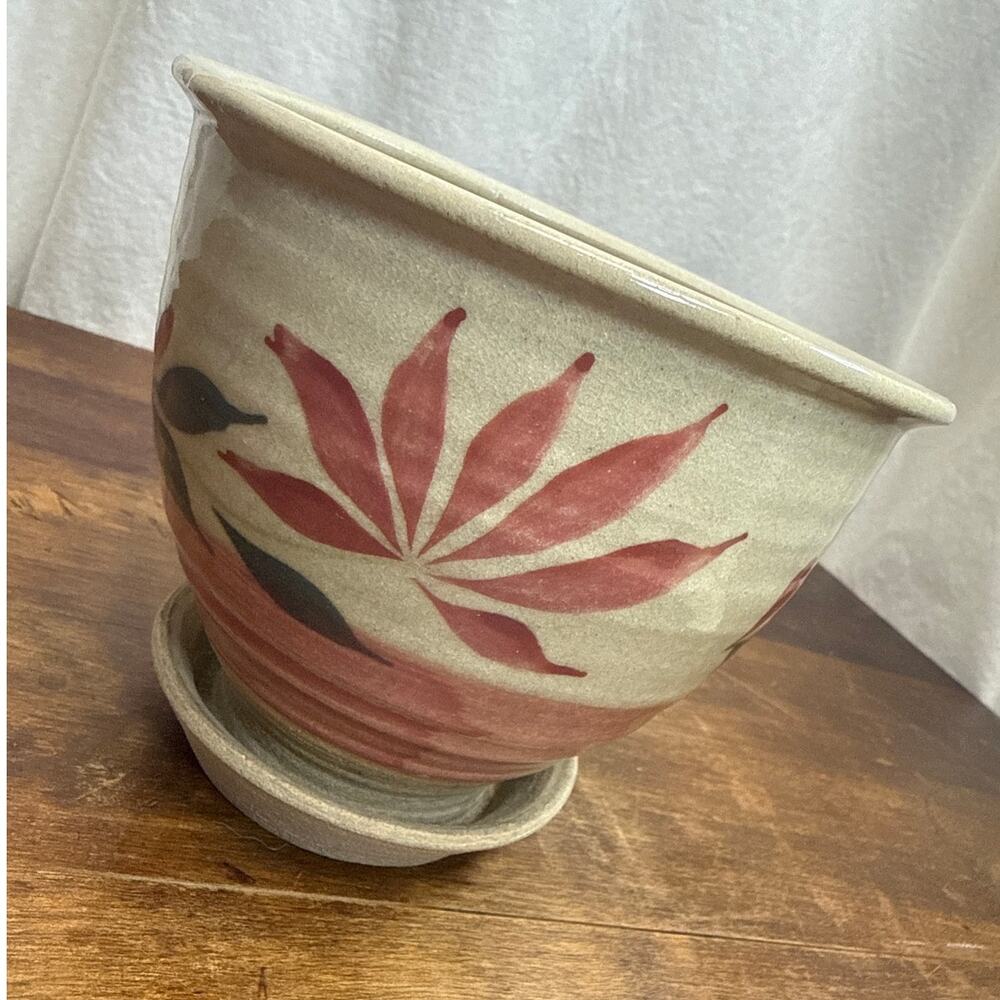 Vintage Stoneware Studio Pottery Planter & Plate Hand Painted Pink Green Flowers